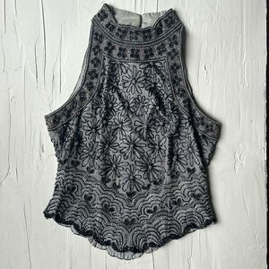 Vintage Papell Boutique Silk Beaded Floral Mock Neck Tank Blouse Large 100% silk